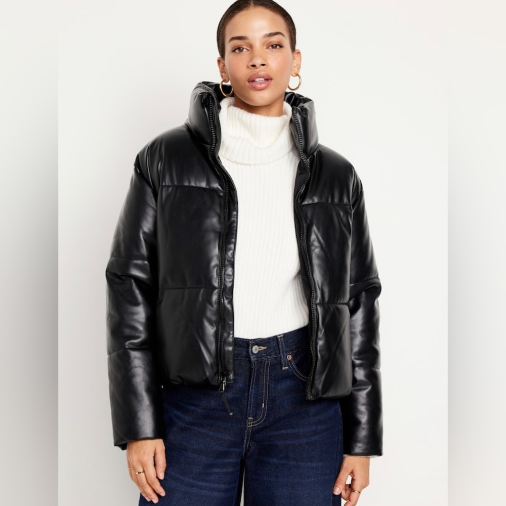 NWT OLD NAVY Mock-Neck Faux-Leather Puffer Jacket / Color Black Jack / X-Large